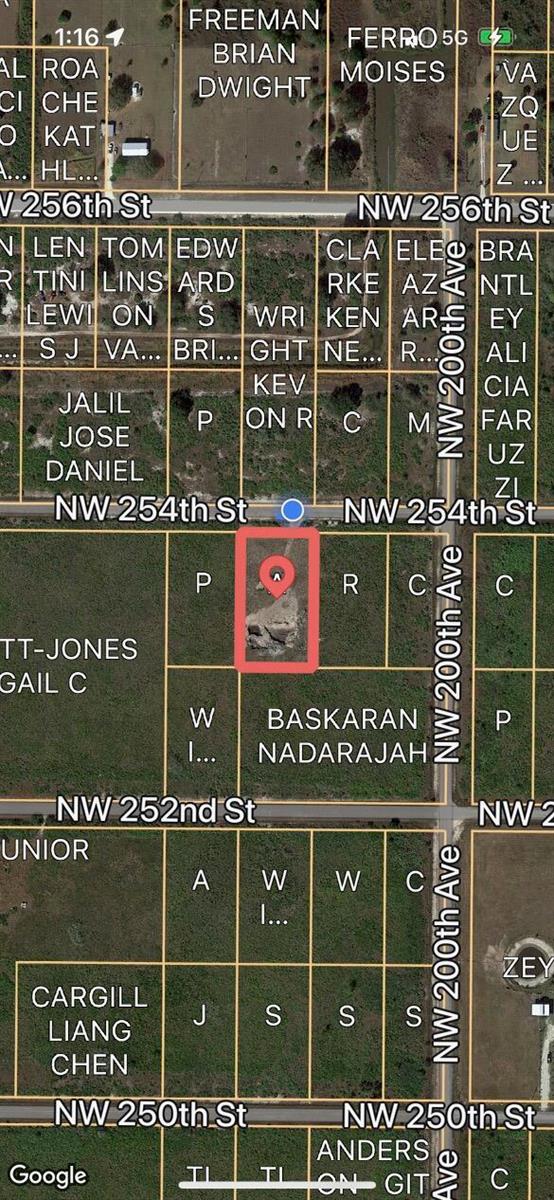 This is a satellite map view showing a highlighted rectangular land parcel — 20106 NW 254th Street, Okeechobee FL 34972, OKEECHOBEE, FL