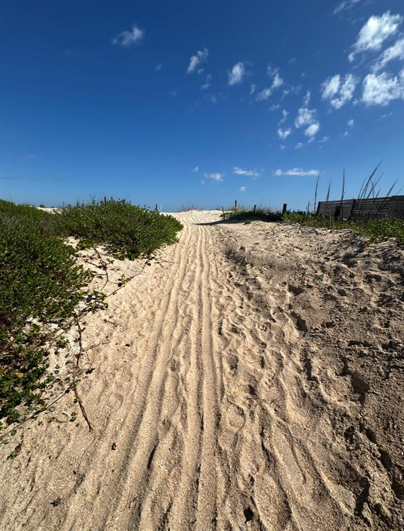 A sandy path leads through coastal vegetation toward a wooden fence under a blue sky — 6235 N OCEAN SHORE BOULEVARD, PALM COAST, FL