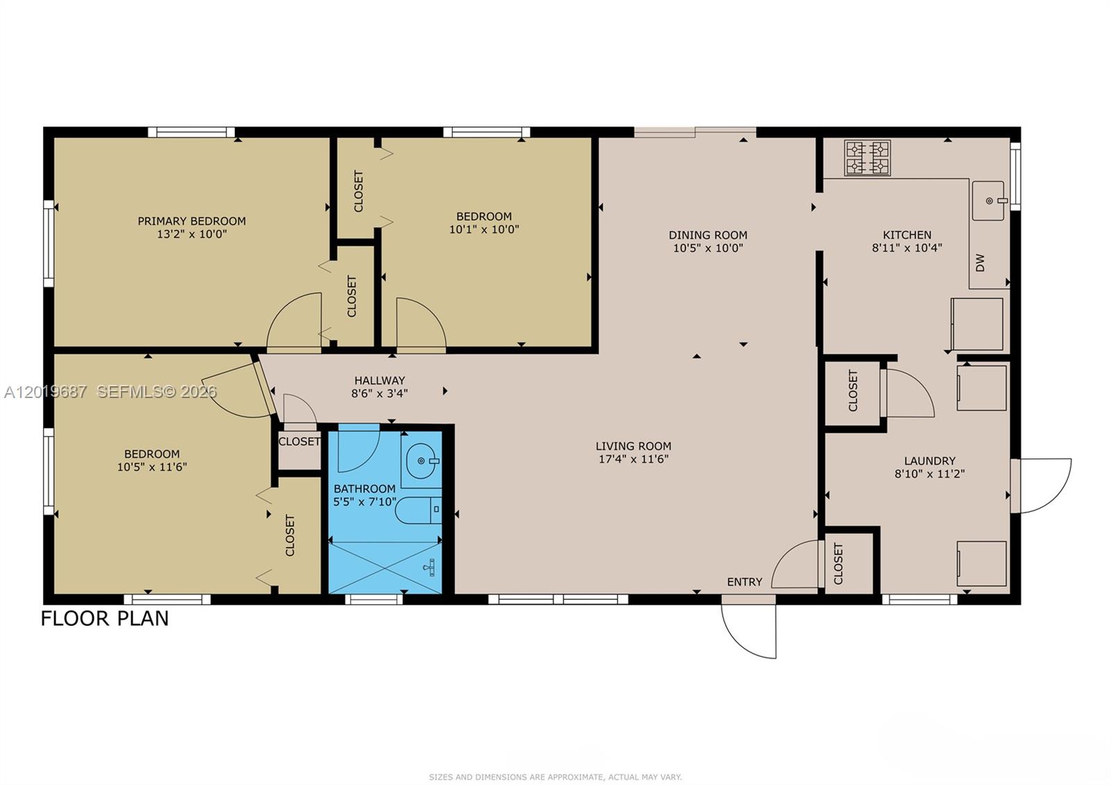 This is a floor plan showing a three-bedroom apartment with a living room and kitchen — 15502 SW 102nd Ave, Miami FL 33157, MIAMI, FL