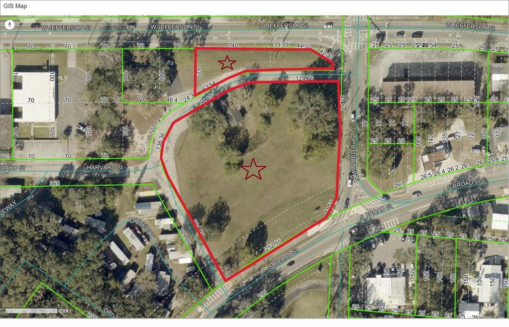 This is a GIS map showing a large, irregularly shaped parcel of land outlined in red — 615 OLD HOSPITAL DRIVE, BROOKSVILLE, FL