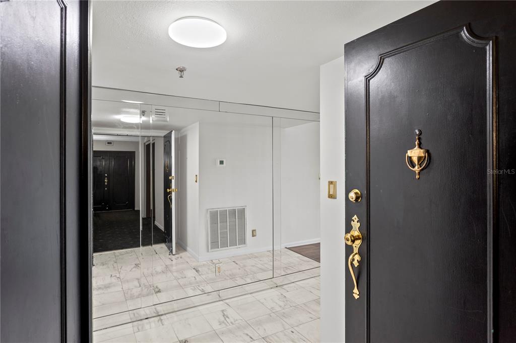 An entryway features a black door, marble-style flooring, and a wall covered in large mirrors — 3301 BAYSHORE BOULEVARD UNIT 509A, TAMPA, FL
