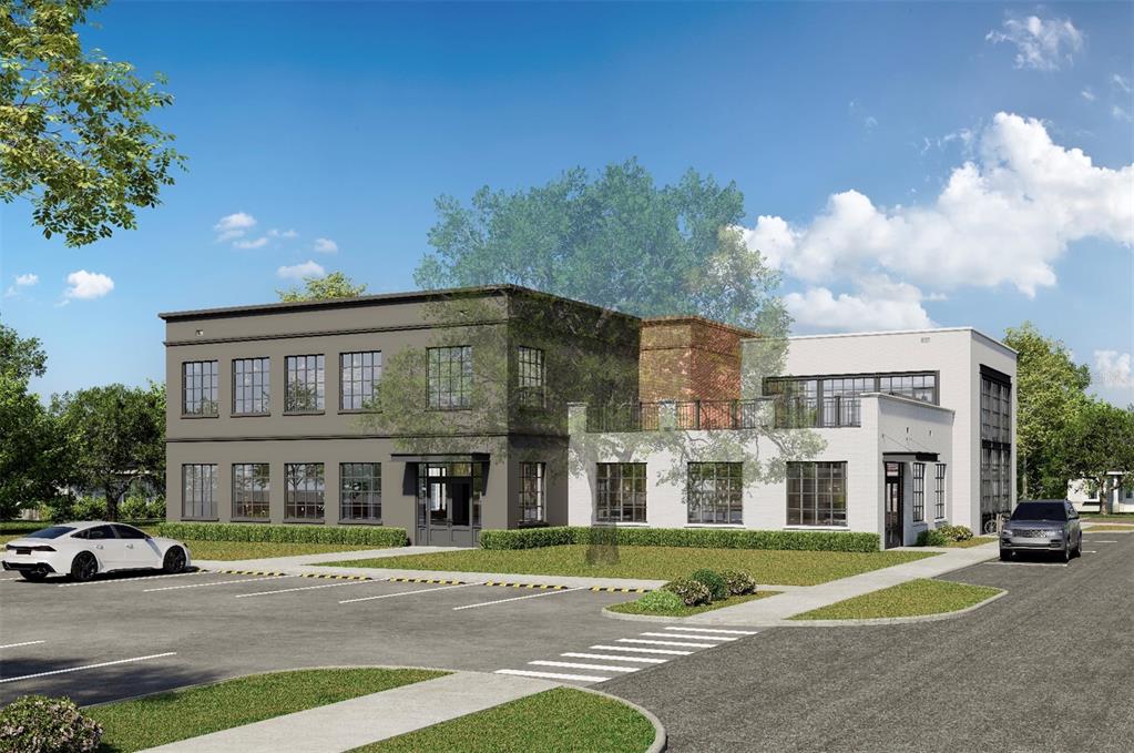 A digital rendering of a two-story commercial building with gray and white exterior walls — 186 S MAIN STREET, WINTER GARDEN, FL