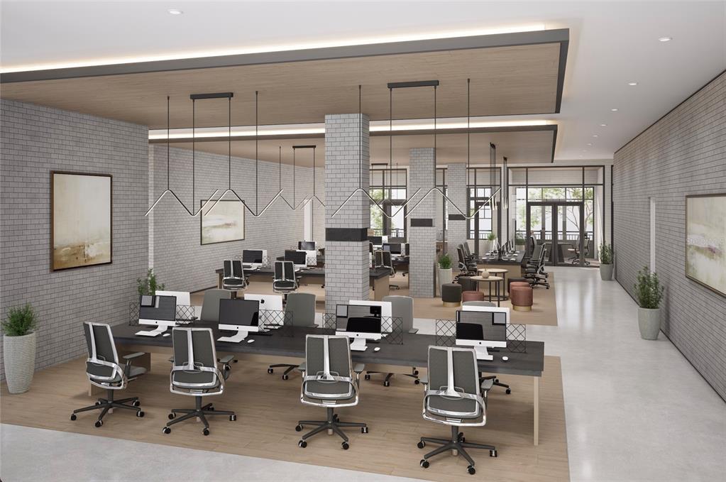This is a rendering of a modern open-plan office with brick walls and workstations — 186 S MAIN STREET, WINTER GARDEN, FL