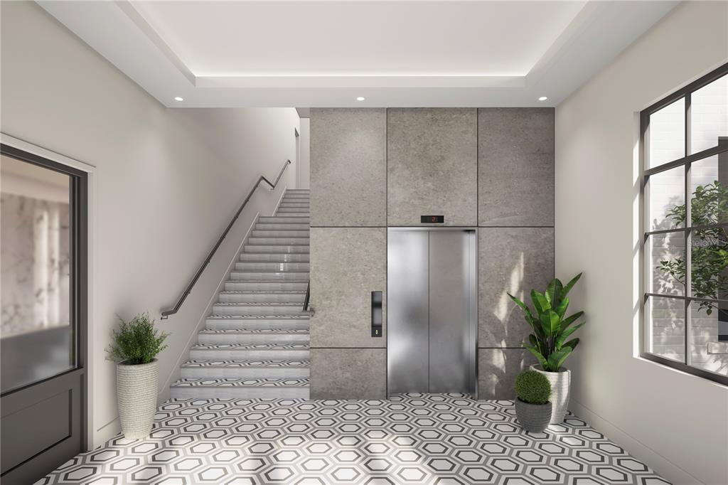 This rendering shows an indoor lobby with a staircase, an elevator, and patterned tile flooring — 186 S MAIN STREET, WINTER GARDEN, FL
