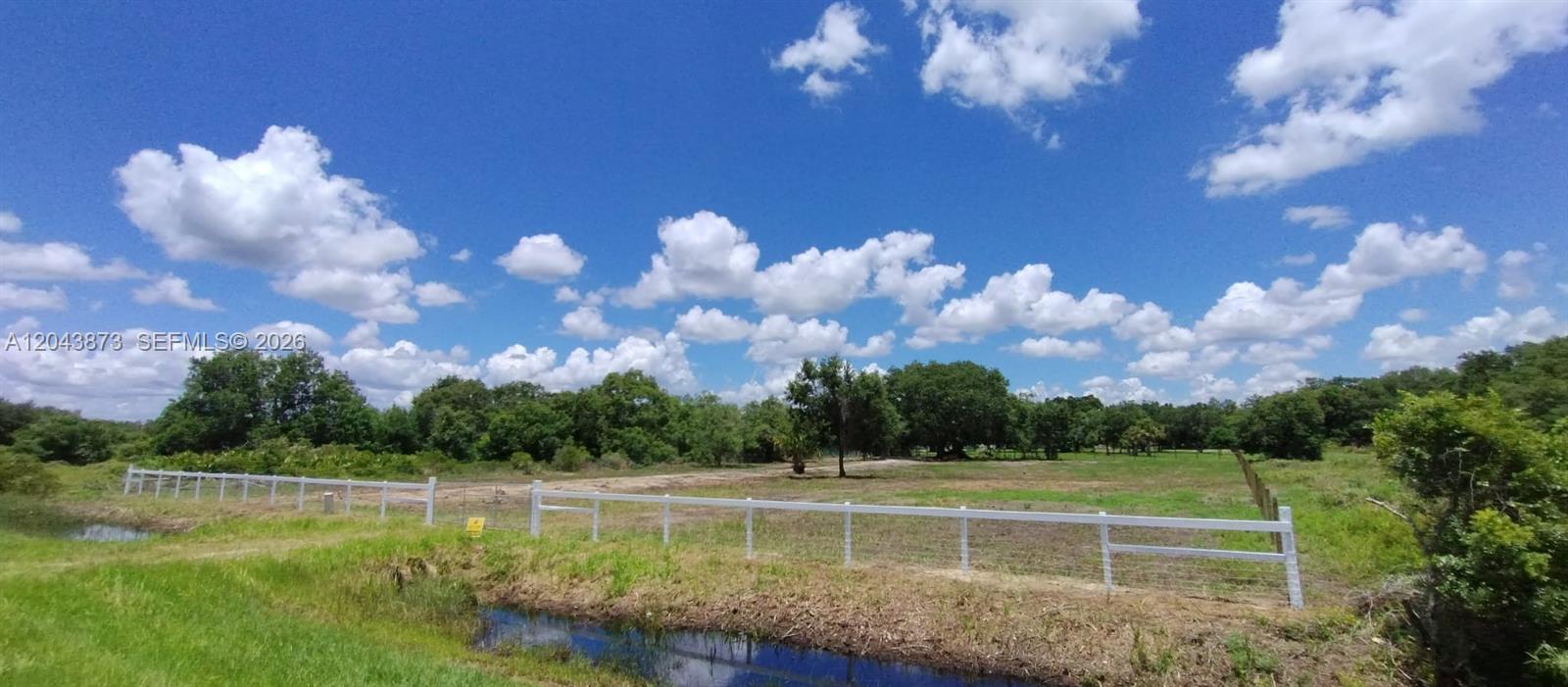 A white fence encloses a grassy field with trees under a blue sky — 18611 NW 304 st, Okeechobee FL 34972, OKEECHOBEE, FL
