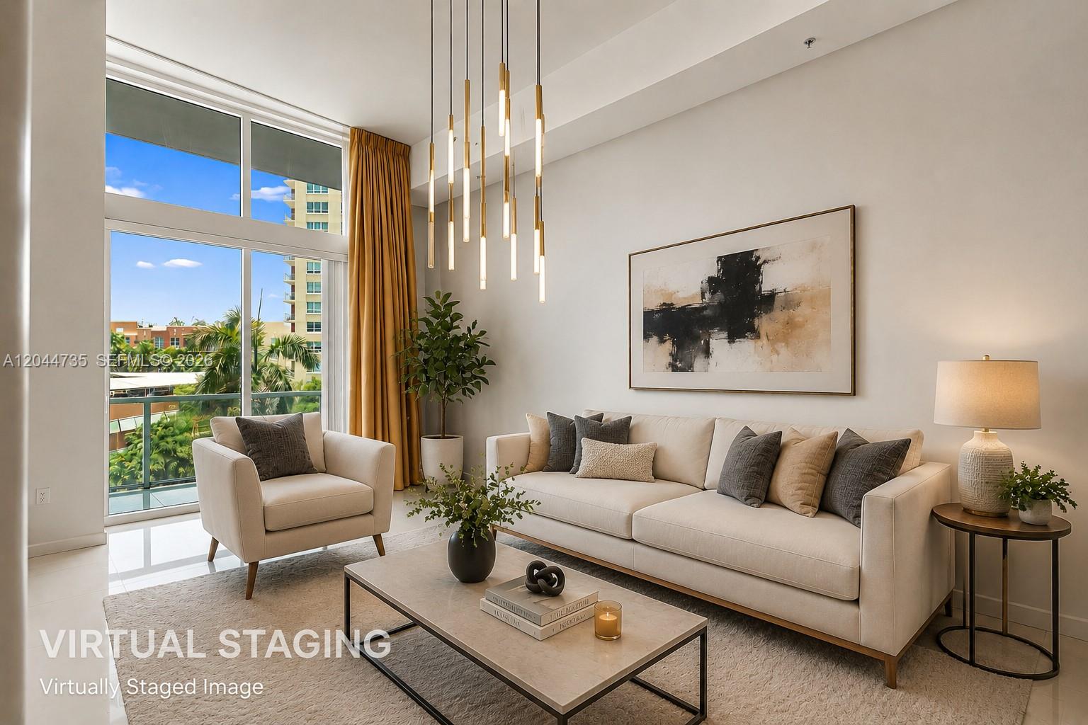 This virtually staged living room features a modern chandelier, neutral furniture, and floor-to-ceiling windows — 1900 N Bayshore Drive Dr # 715, Miami FL 33132, MIAMI, FL
