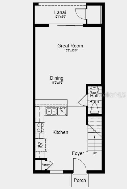 This is a floor plan of a home's first level showing a kitchen, living area, and lanai — 10604 ORBIT TERRACE, SARASOTA, FL