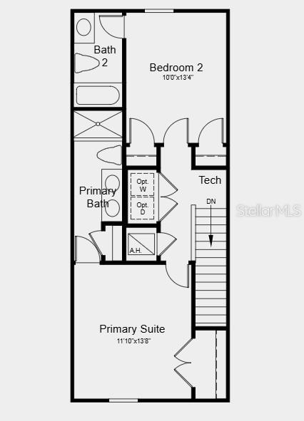 This floor plan shows the upper level with a primary suite, bedroom, and two bathrooms — 10604 ORBIT TERRACE, SARASOTA, FL