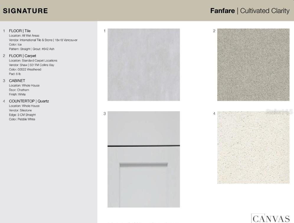 This design board displays samples for tile, carpet, white cabinets, and quartz countertops — 10604 ORBIT TERRACE, SARASOTA, FL