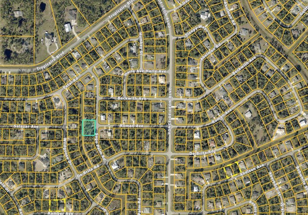 An aerial map view shows a vacant residential lot highlighted in a suburban neighborhood — 20 SAGO PALM ROAD, NORTH PORT, FL