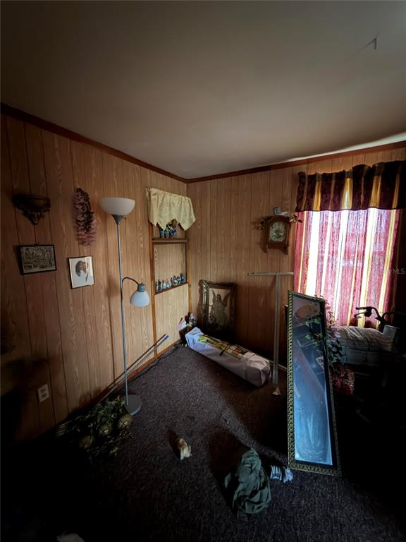 A room with wood-paneled walls, dark carpet, a floor lamp, and a window with curtains — 206 KOKOMO ROAD NE, HAINES CITY, FL