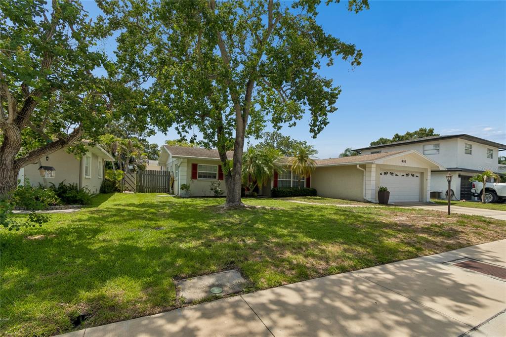 A single-story house with a white garage and a large tree in the front yard — 416 MAPLEWOOD DRIVE, OLDSMAR, FL