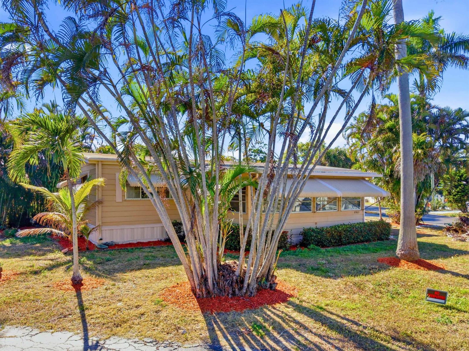 A tan mobile home with an awning is partially obscured by a large palm tree — 8903 Oak Street, Boynton Beach FL 33436, BOYNTON BEACH, FL