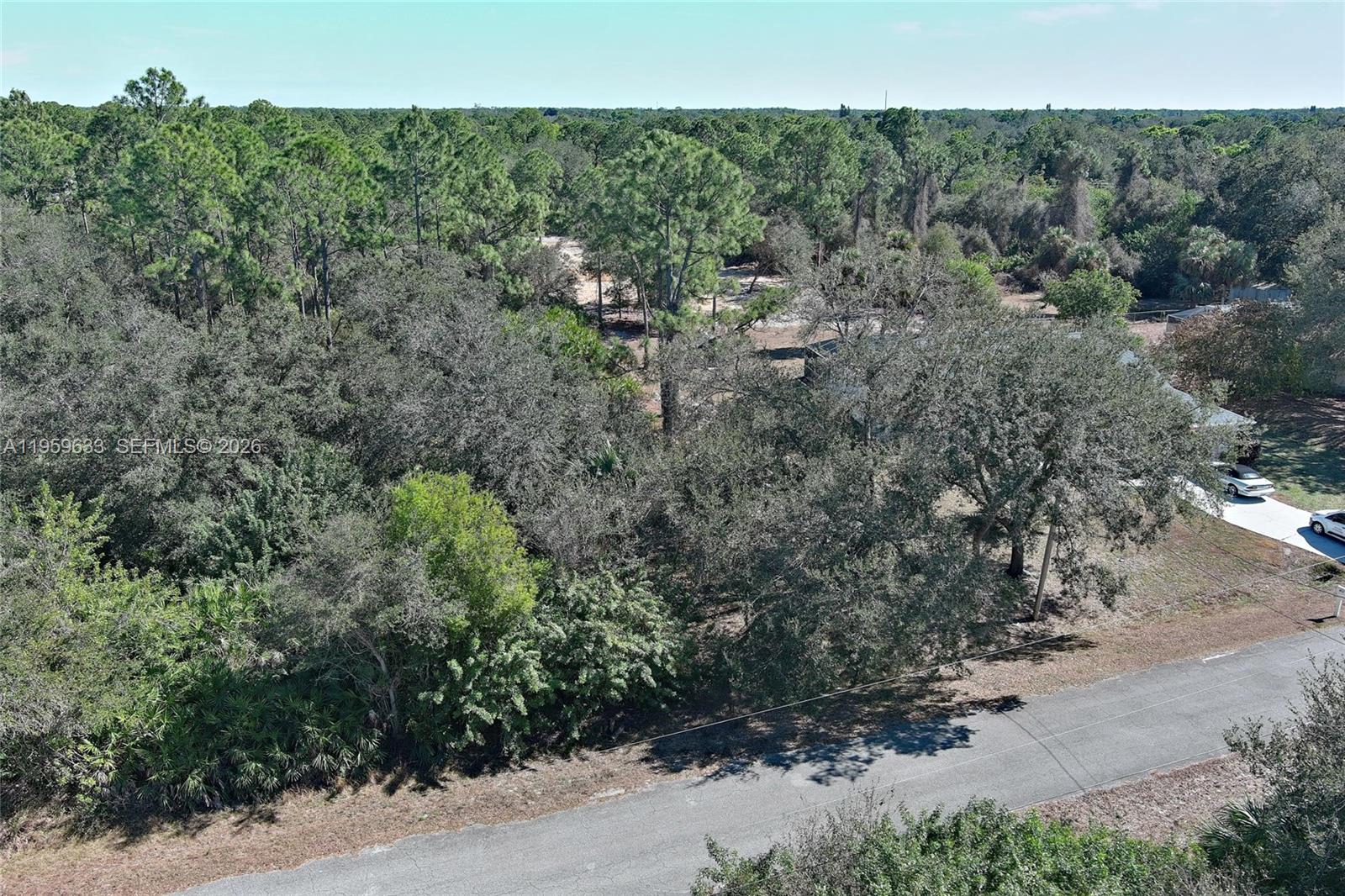 An aerial view shows a wooded lot with a paved road in the foreground — 414 Lake Ave, Lehigh Acres FL 33972, LEHIGH ACRES, FL