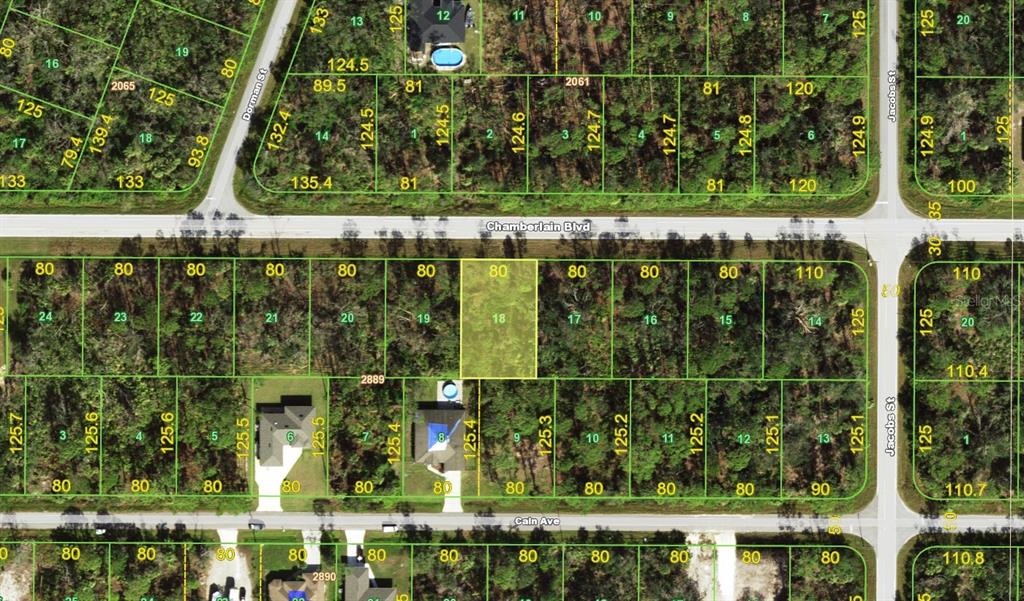 This is a property map showing residential lots along Chamberlain Boulevard and Cain Avenue — 13471 CHAMBERLAIN BOULEVARD, PORT CHARLOTTE, FL