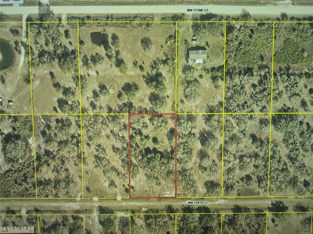 An aerial map shows a rectangular plot of land outlined in red between two streets — 19631 NW 270TH STREET, OKEECHOBEE, FL
