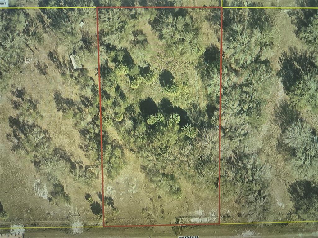 An aerial view shows a rectangular, tree-covered vacant lot outlined in red along a road — 19631 NW 270TH STREET, OKEECHOBEE, FL