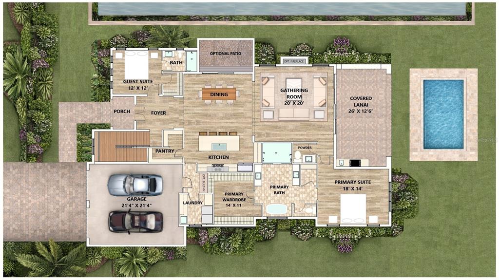 This floor plan rendering shows a single-story home with a garage, pool, and covered lanai — 950 ENCLAVE PLACE, WINTER PARK, FL