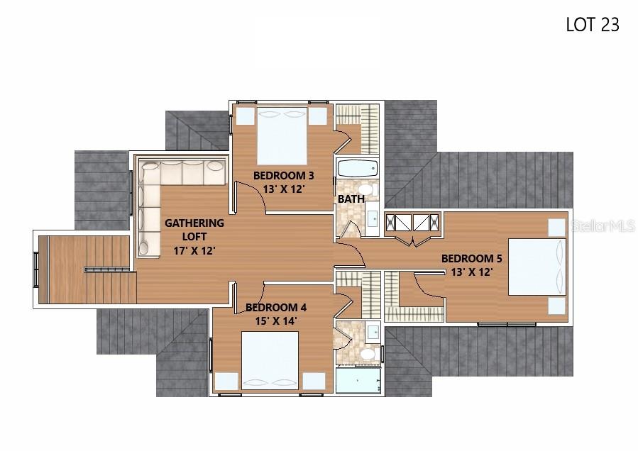 This is a floor plan showing a loft, three bedrooms, and two bathrooms — 950 ENCLAVE PLACE, WINTER PARK, FL