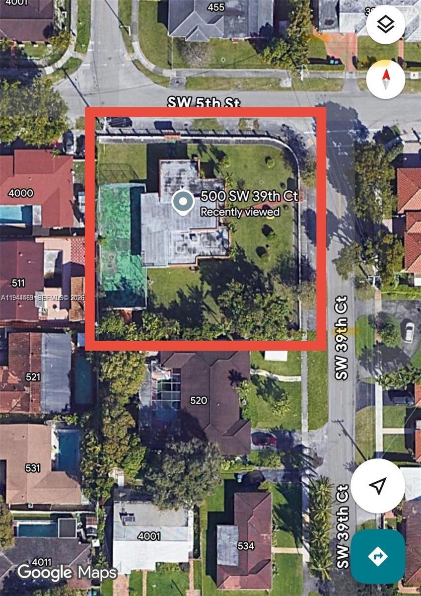 This is a satellite map view of a residential property with a large corner lot — 500 SW 39th Ct, Miami FL 33134, MIAMI, FL