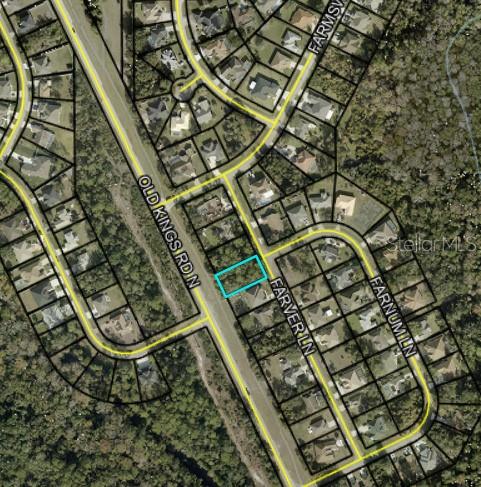 An aerial map shows a vacant residential lot highlighted in blue along a suburban road — 17 FARVER LANE, PALM COAST, FL