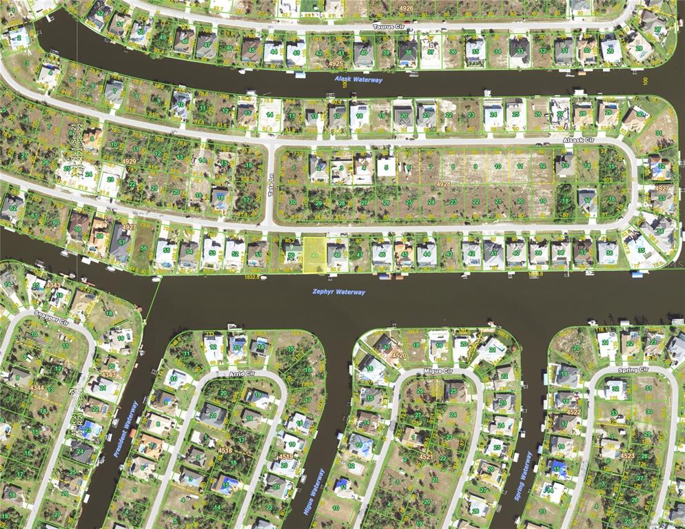 This is a satellite map showing residential lots, streets, and waterways in a suburban neighborhood — 15332 ALSASK CIRCLE, PORT CHARLOTTE, FL
