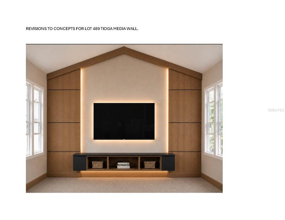 This rendering shows a living room media wall with wood paneling and a black console — 1062 SW 135TH DRIVE, NEWBERRY, FL