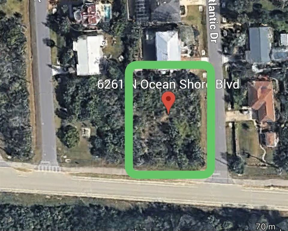 This is a satellite map view of a rectangular, wooded vacant lot — 6261 N OCEAN SHORE BOULEVARD, PALM COAST, FL