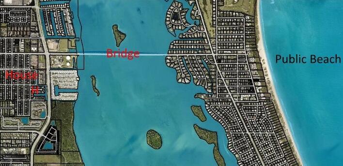 This map shows a residential area with a bridge connecting two land masses near water — 1510 3rd Court, Vero Beach FL 32960, VERO BEACH, FL
