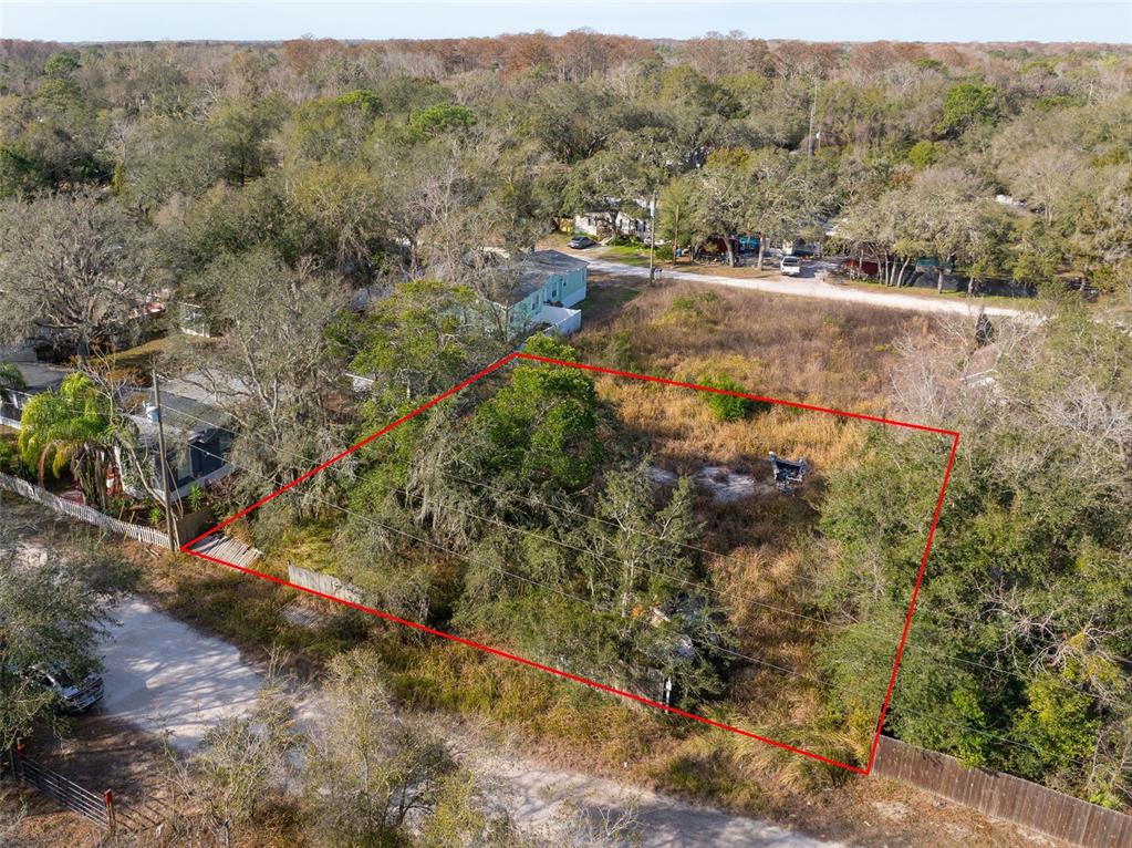 An aerial view shows a vacant, wooded residential lot outlined in red — 00 BURTON STREET, NEW PORT RICHEY, FL
