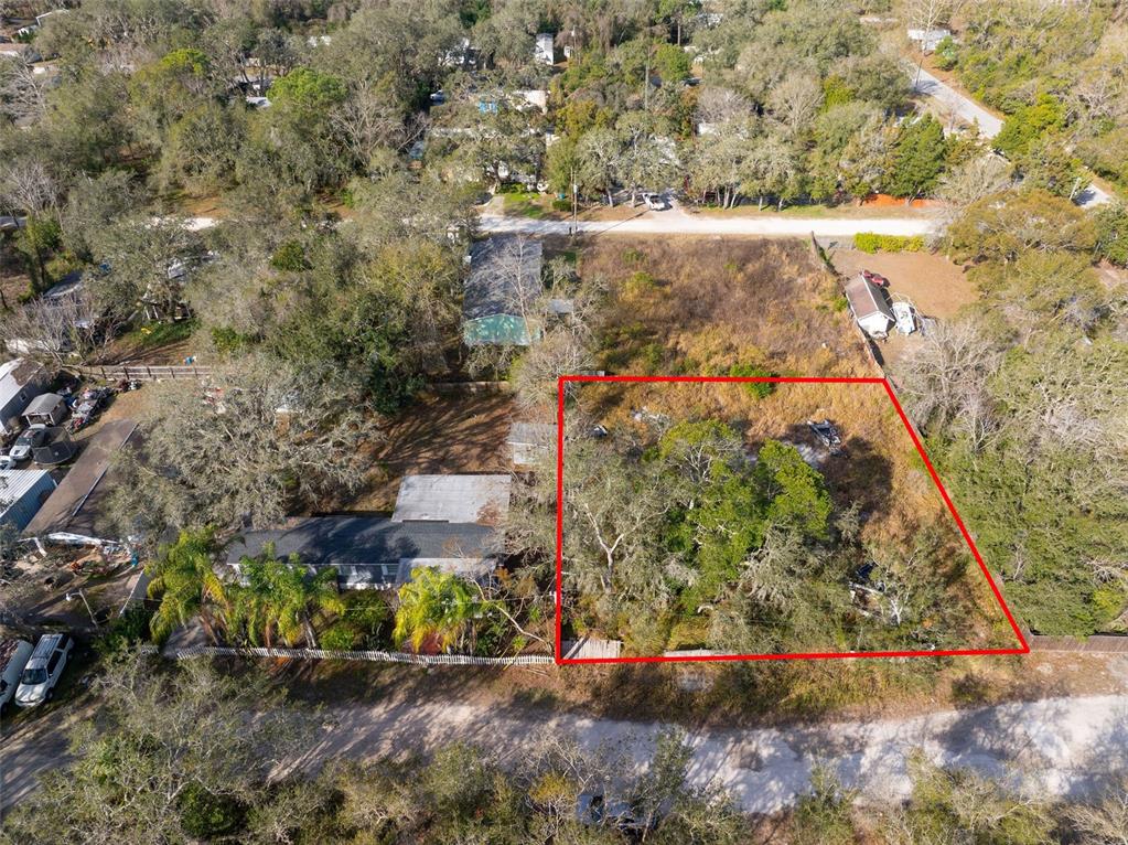 An aerial view shows a rectangular, tree-covered vacant lot outlined in red next to a house — 00 BURTON STREET, NEW PORT RICHEY, FL