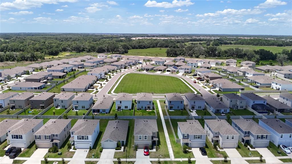 An aerial view shows a suburban neighborhood with many detached houses surrounding a central lawn — 33327 DARLEY DALE TRAIL, WESLEY CHAPEL, FL