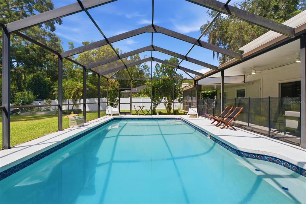 A rectangular swimming pool is enclosed by a screened lanai with a concrete pool deck — 16909 ROLLING ROCK DRIVE, TAMPA, FL