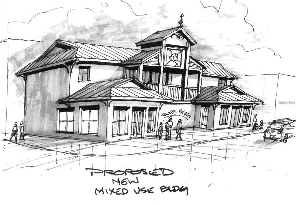 This is a digital rendering of a two-story building with a clock tower and patio — 216 TAYLOR STREET, PUNTA GORDA, FL