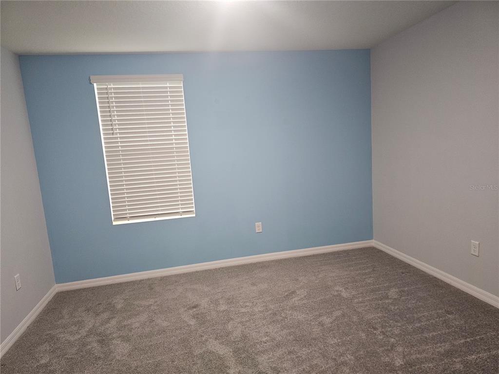 An empty bedroom features gray carpet, light gray walls, and one blue accent wall — 10116 CHARLOTTE DRIVE, PARRISH, FL