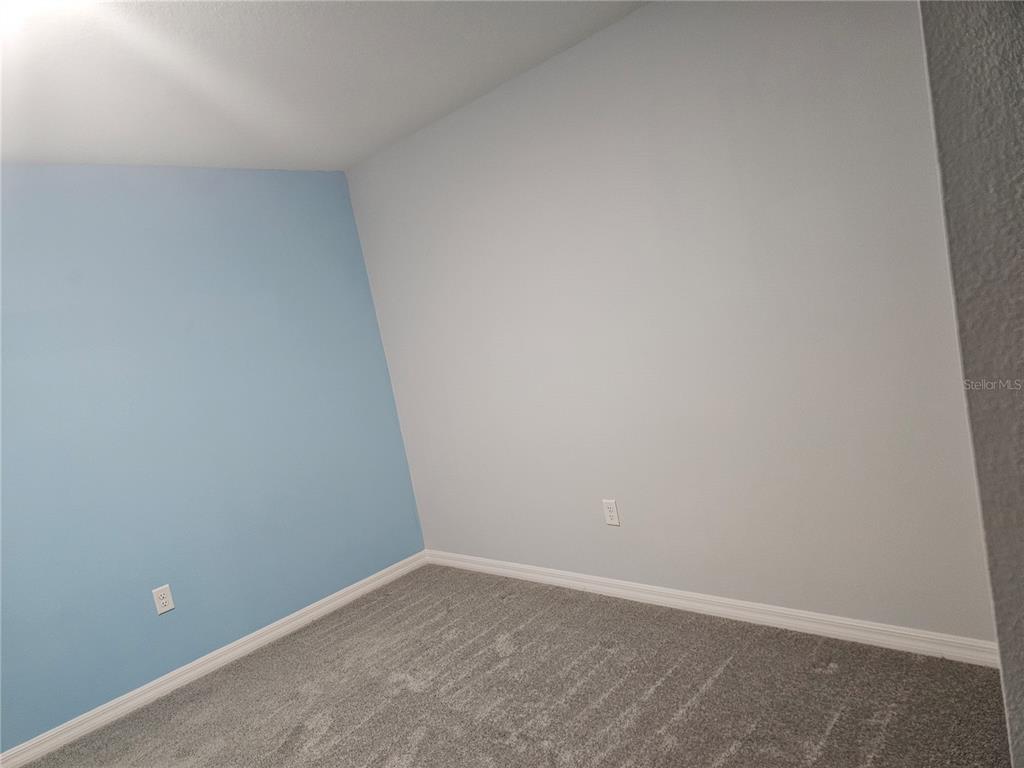 An empty room features gray carpet, white baseboards, and walls painted blue and light gray — 10116 CHARLOTTE DRIVE, PARRISH, FL