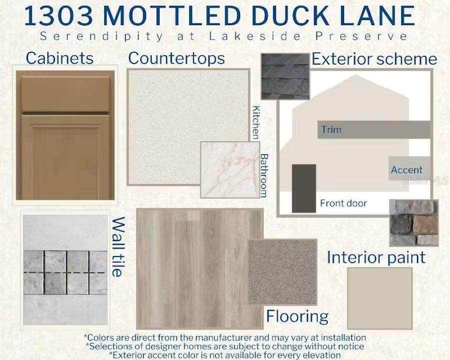 This design board displays samples of cabinets, countertops, flooring, tile, and exterior finishes for a home — 1303 MOTTLED DUCK LANE, LAKELAND, FL