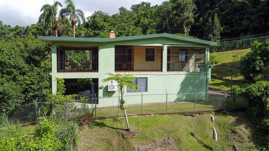A two-story green house with a fenced yard sits on a lush, sloped hillside — 38 COLINAS DE CUBUY, CANOVANAS, PR