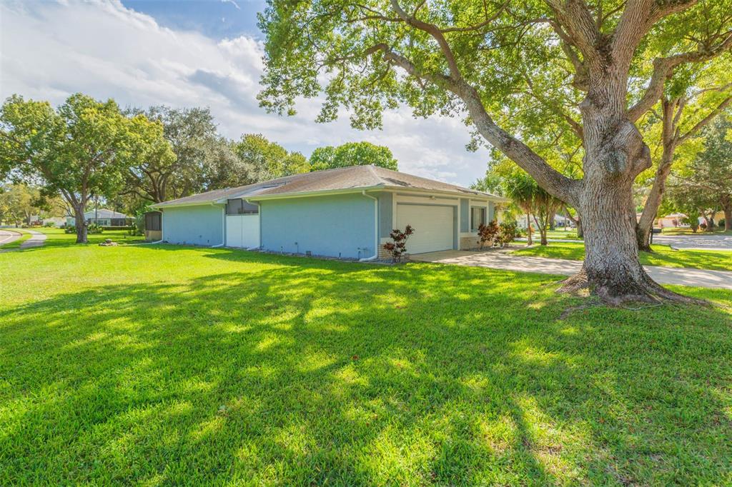 A light blue single-story house with a garage sits on a large, tree-shaded lawn — 13016 CLUB DRIVE, HUDSON, FL