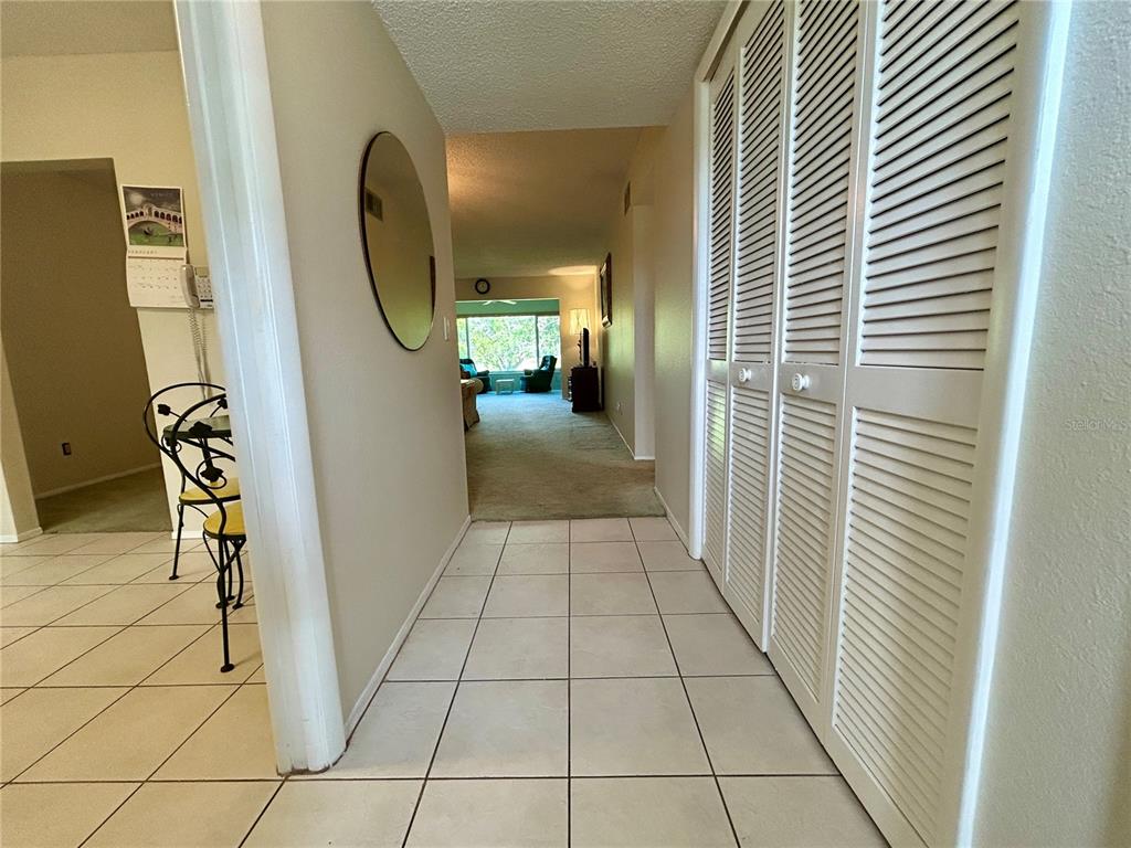 A tiled hallway leads to a carpeted living area with louvered closet doors on the right — 2340 GRECIAN WAY UNIT 38, CLEARWATER, FL