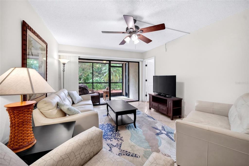 A living room features light-colored sofas, a patterned area rug, and a sliding glass door — 6365 BAHIA DEL MAR BOULEVARD UNIT 106, ST PETERSBURG, FL