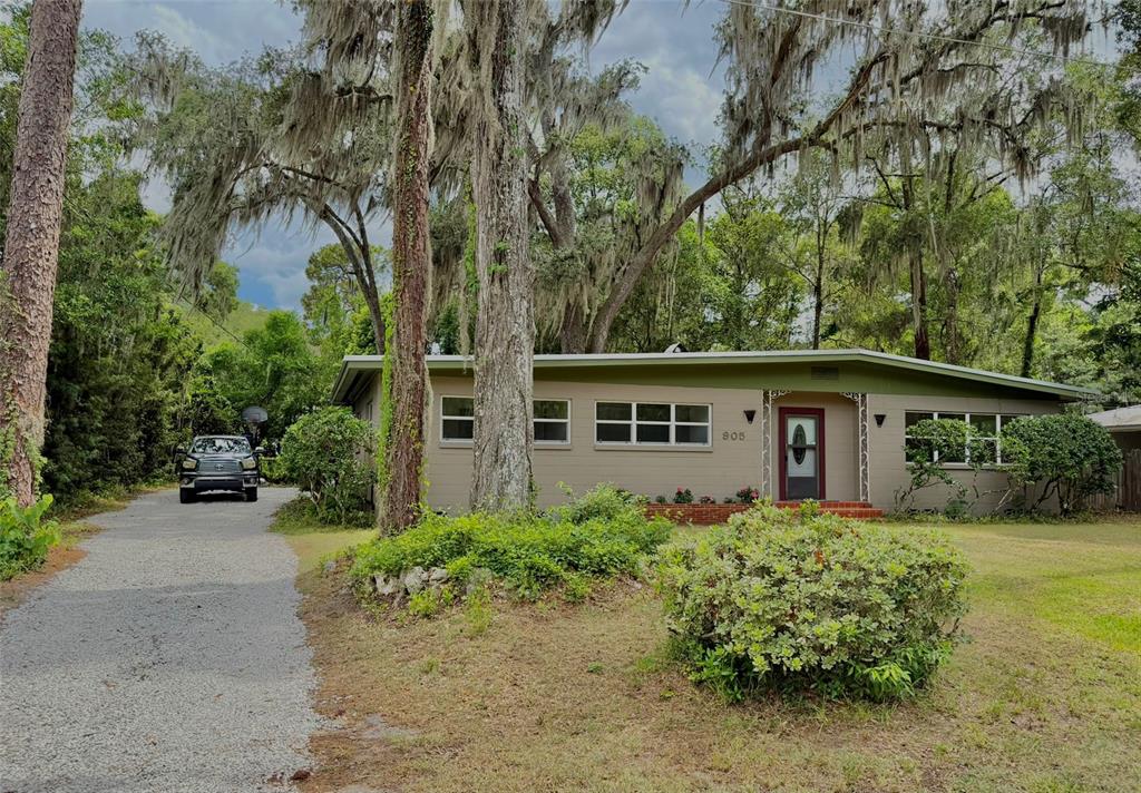A single-story house with a gravel driveway, tan siding, and large trees in the yard — 905 NW 36TH AVENUE, GAINESVILLE, FL