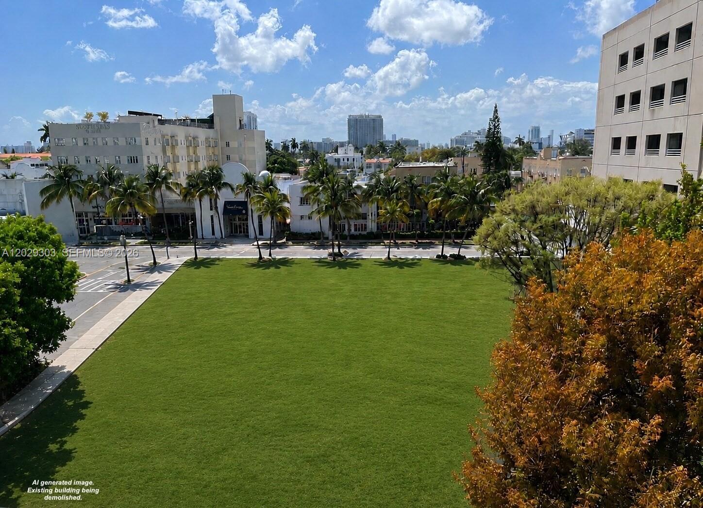 This is an AI-generated rendering showing a large green lawn with palm trees and buildings — 1543 Washington Ave, Miami Beach FL 33139, MIAMI BEACH, FL