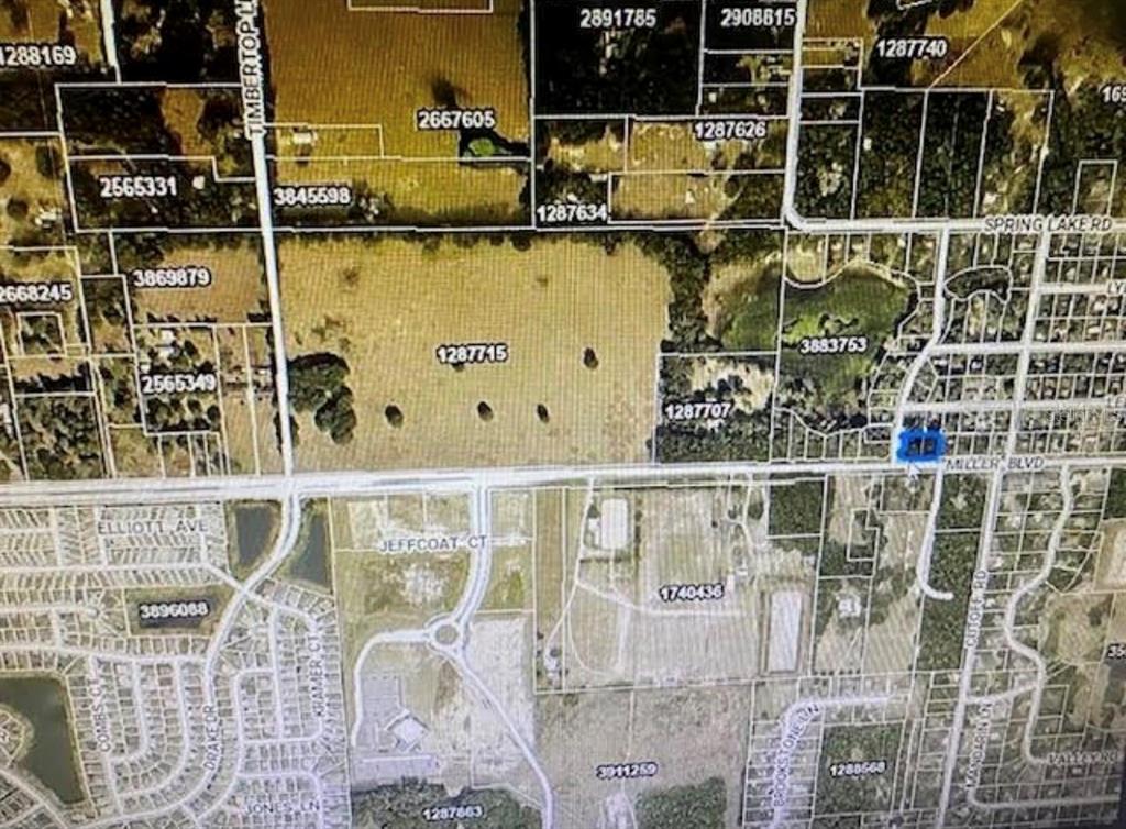 This is a satellite map showing property parcel boundaries and road networks in a residential area — 1629 MILLER BOULEVARD, FRUITLAND PARK, FL