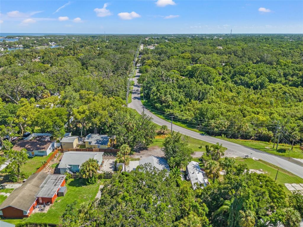 An aerial view shows several small houses surrounded by dense trees near a winding road — 5724 CASSON AVENUE, NEW PORT RICHEY, FL