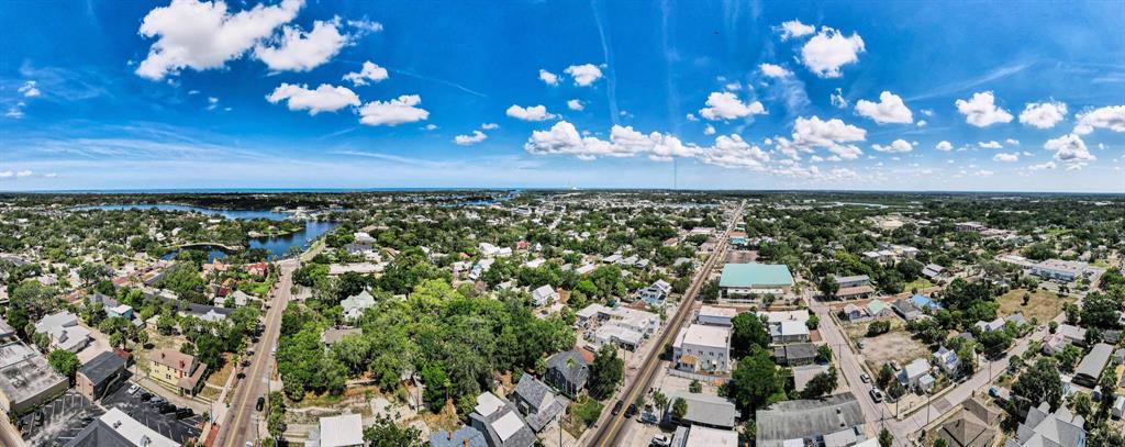 An aerial view shows a coastal town with houses, trees, and a road — 133 N PINELLAS AVENUE, TARPON SPRINGS, FL