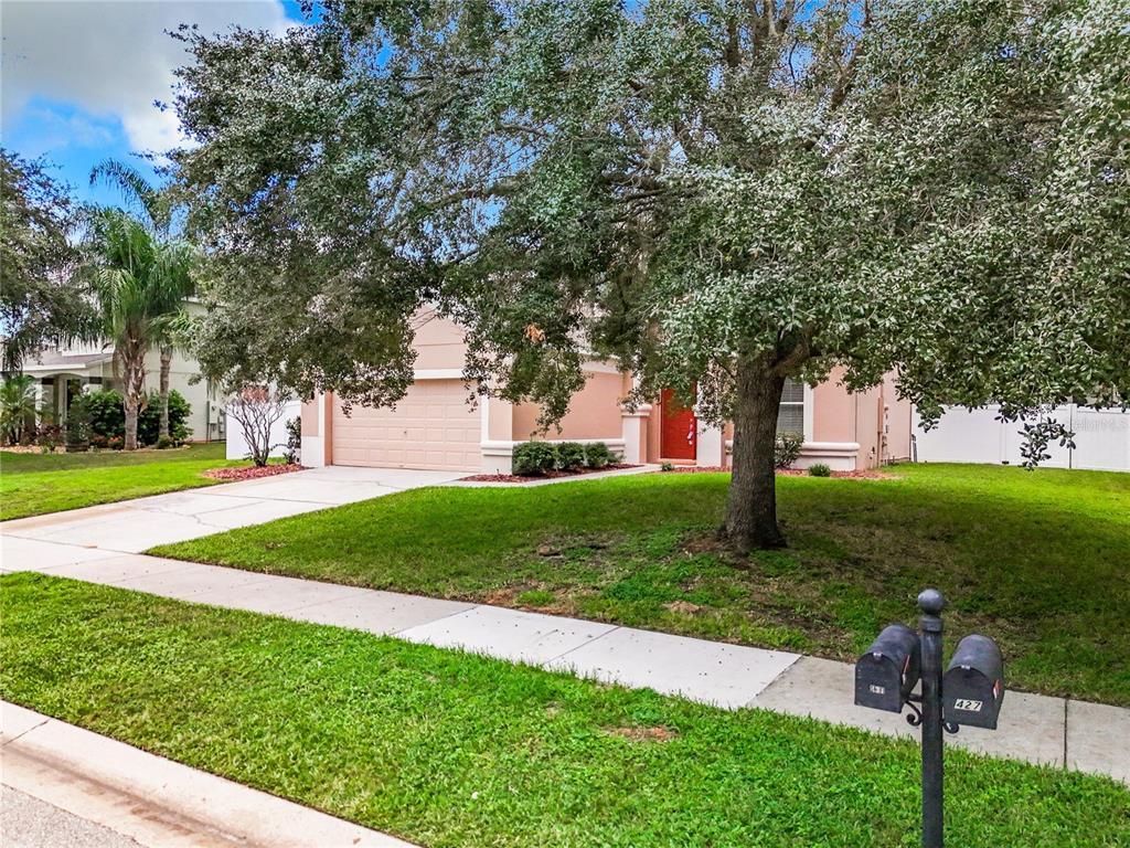 A one-story house with a peach exterior, a two-car garage, and a large front tree — 431 BALBOA BOULEVARD, CLERMONT, FL