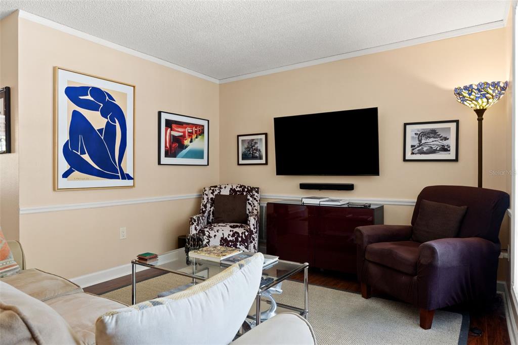 A living room features a television, two armchairs, a glass coffee table, and framed artwork — 8802 SEELEY LANE, HUDSON, FL