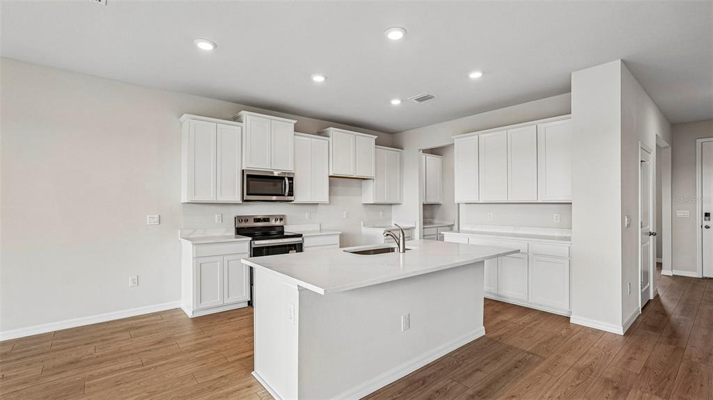 A kitchen with white cabinets, a central island, stainless steel appliances, and wood-look flooring — 2818 FISHERY COURT, LAKEWOOD RANCH, FL