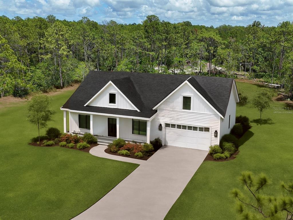 This is a digital rendering of a white farmhouse-style home with a two-car garage — 4678 GUM ROAD, NEW SMYRNA BEACH, FL